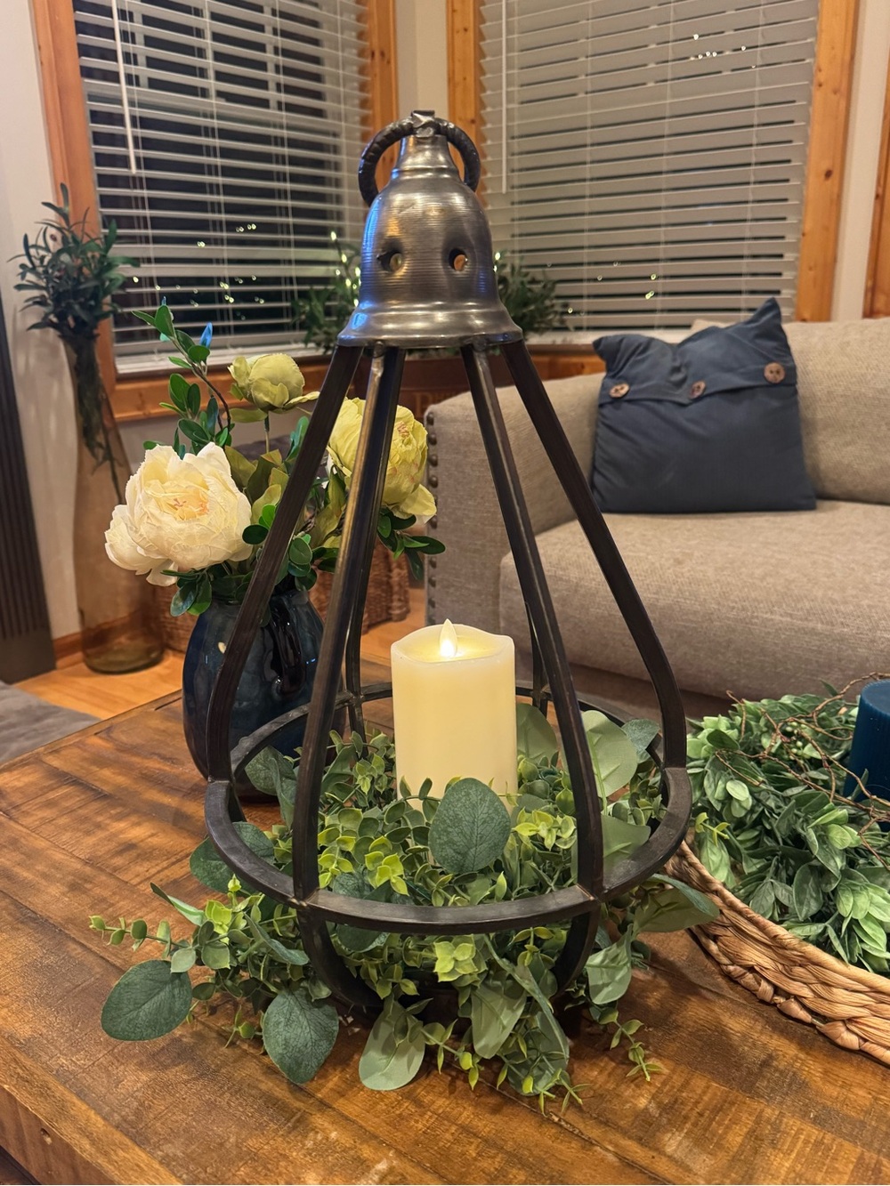 Farmhouse Lantern with Cream LED Candle and Greenery Accent
